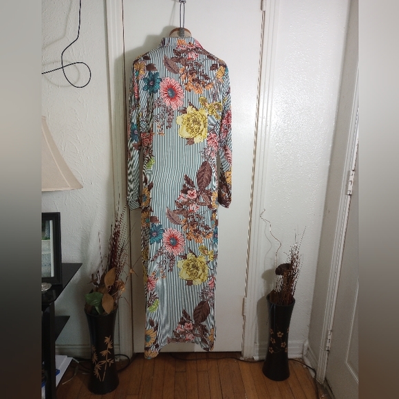 Floral Stripes Long Sleeve Button Down Sheer Shirt Dress with Split in Front XXL - Picture 2 of 12